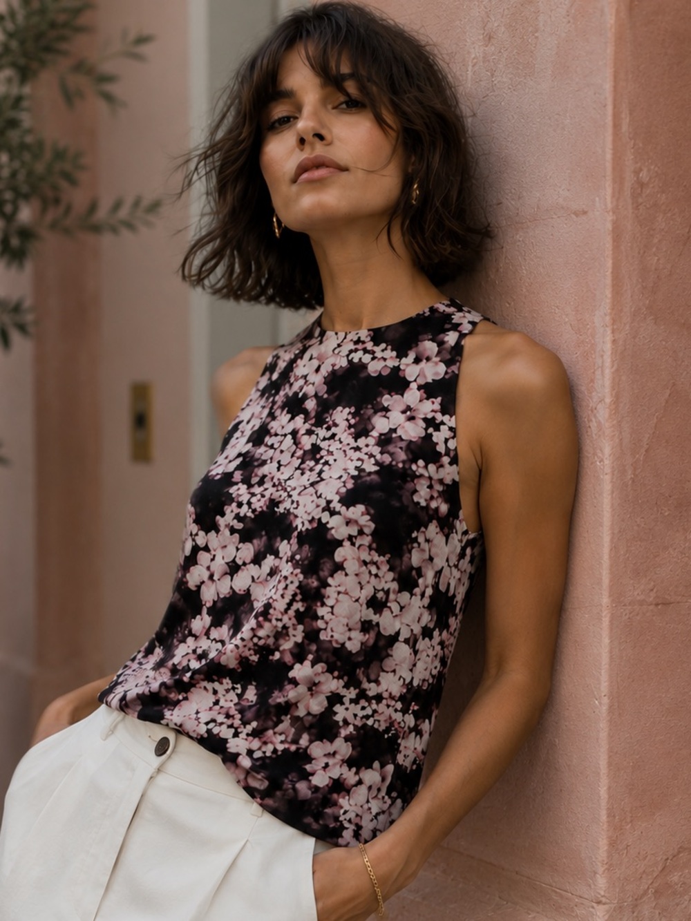 Banana Republic Black and Pink Floral Tank Top